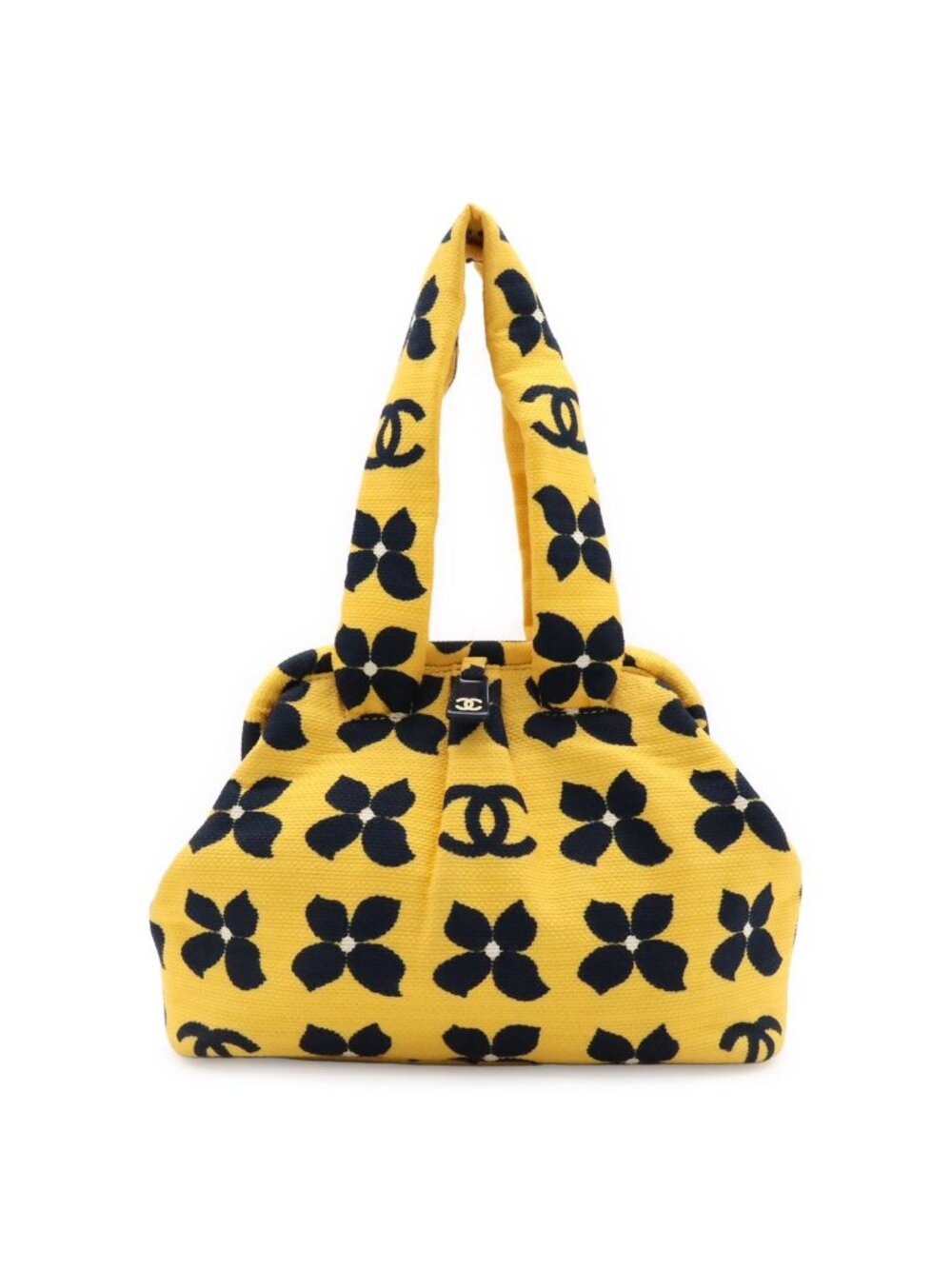 Chanel CC Logo Flower Floral Pattern Handbag Kiss Lock Canvas Yellow Black